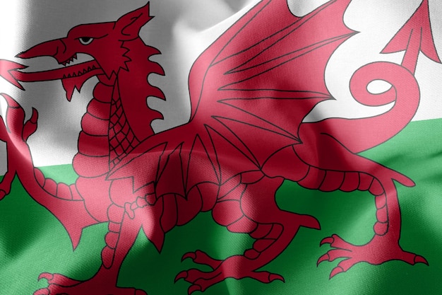 3D illustratie vlag van Wales is een regio van het Verenigd Koninkrijk zwaaien op de wind vlag textiel achtergrond