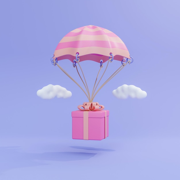 Foto 3d illustratie vliegende geschenkdoos met parachute en wolken