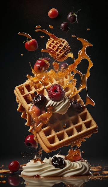 Foto 3d illustratie wafels met chocoladesaus en ijs en verse bessen op donkergrijze achtergrond.