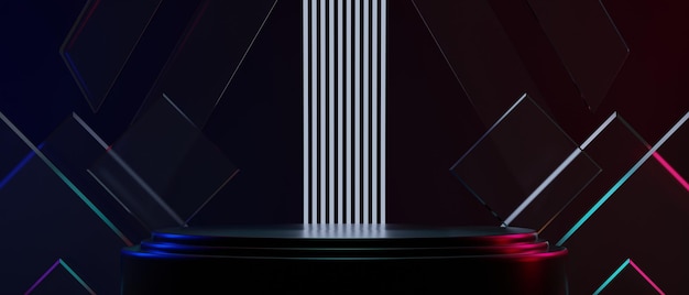 3d illustratie weergave van futuristische cyberpunk stad gaming scifi podium display voetstuk achtergrond gamer banner teken van neon gloed stand podium