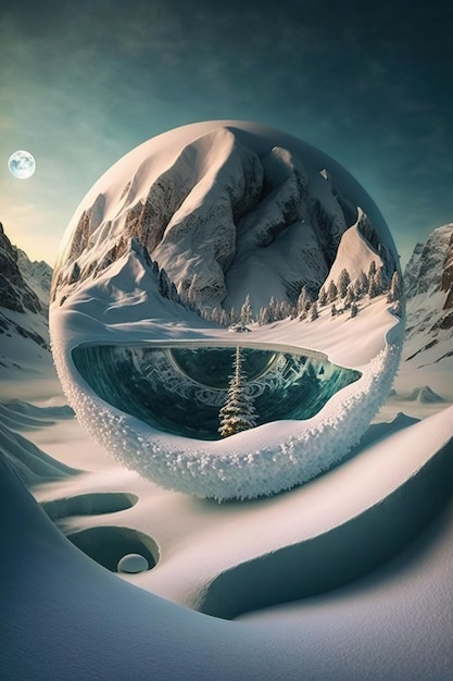 3D illustratie winter met ronde vorm met berg