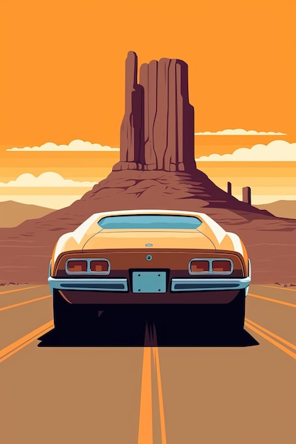 3D-illustratie woestijnweg met auto