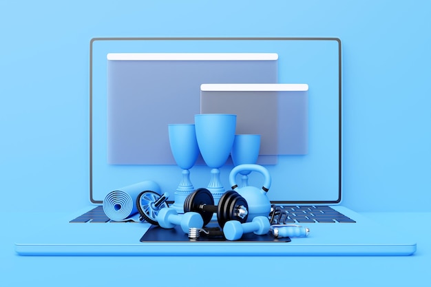 3D illustratie zoekbalk ontwerpelement op laptop met sportuitrusting kettlebell halters sport rubberen mat gymnastiek roller winnaar cups Zoekbalk voor website