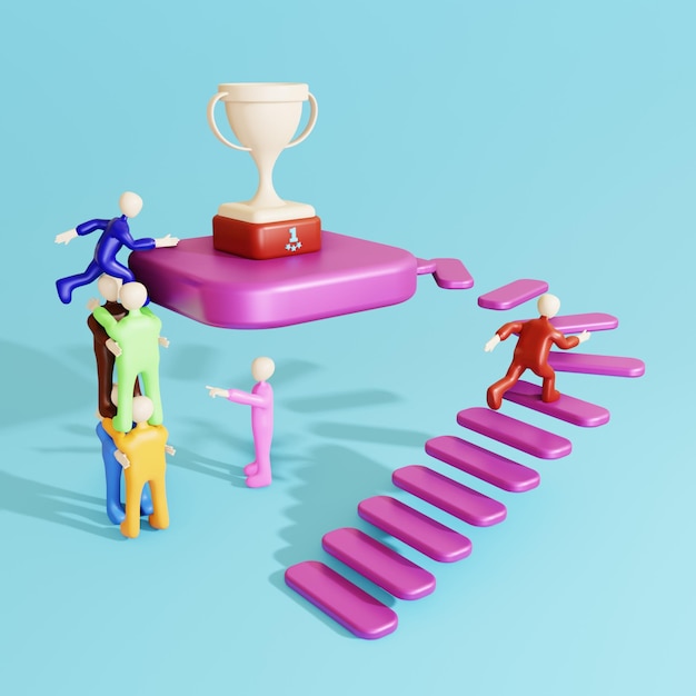 3D-illustratiemensen doen teamwork om sneller kampioen te worden