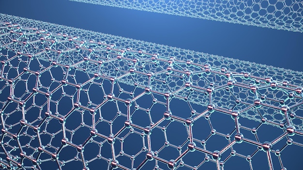 3D-illustratiestructuur van de grafeenbuis, abstracte nanotechnologie zeshoekige geometrische vorm close-up, concept grafeen atomaire structuur, concept grafeen moleculaire structuur. Koolstof buis.