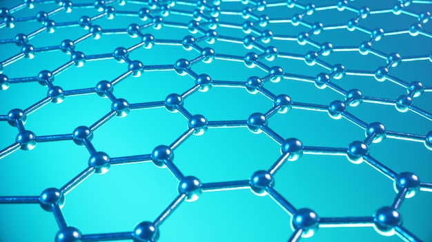 3D-illustratiestructuur van het grafeen- of koolstofoppervlak, abstracte nanotechnologie zeshoekige geometrische vorm close-up, concept grafeen atomaire structuur, concept grafeen moleculaire structuur.