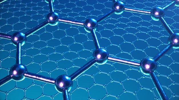 3D-illustratiestructuur van het grafeen- of koolstofoppervlak, abstracte nanotechnologie zeshoekige geometrische vorm close-up, concept grafeen atomaire structuur, concept grafeen moleculaire structuur.