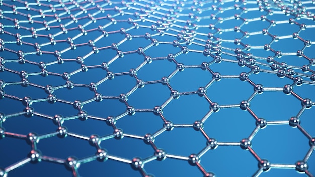 3D-illustratiestructuur van het grafeen- of koolstofoppervlak, abstracte nanotechnologie zeshoekige geometrische vorm close-up, concept grafeen atomaire structuur, concept grafeen moleculaire structuur.