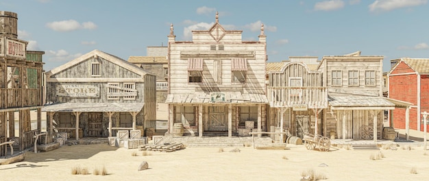 3D-illustratieweergave van een lege straat in een oude stad in het wilde westen met houten gebouwen