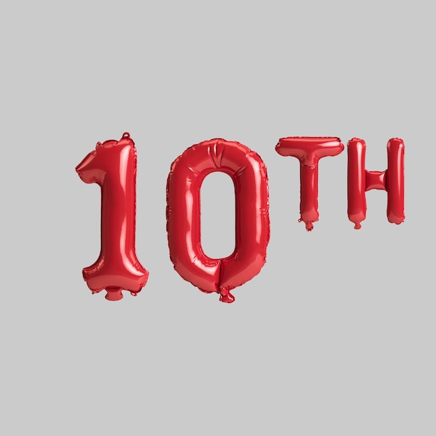 3d illustration of 10th red balloons isolated on white background