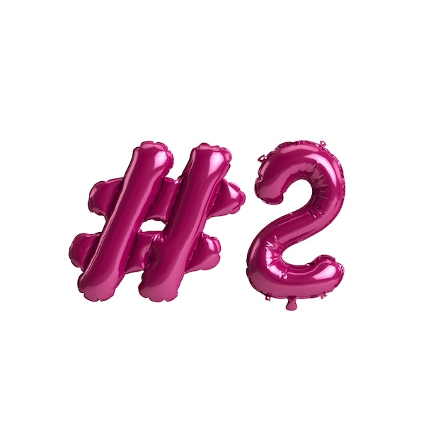 흰색 배경에 고립 된 2 해시 태그 다크 핑크 풍선의 3d 그림