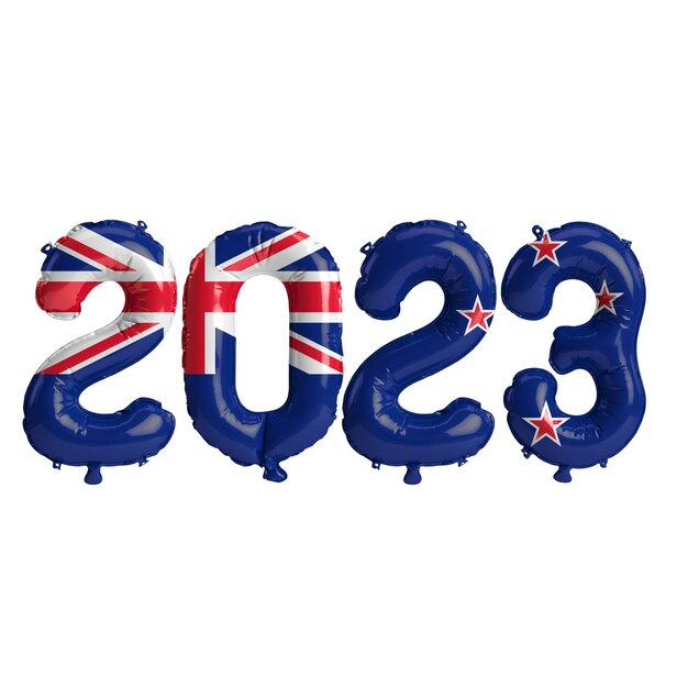 3d illustration of 2023 year balloons with New Zealand flag isolated on white background