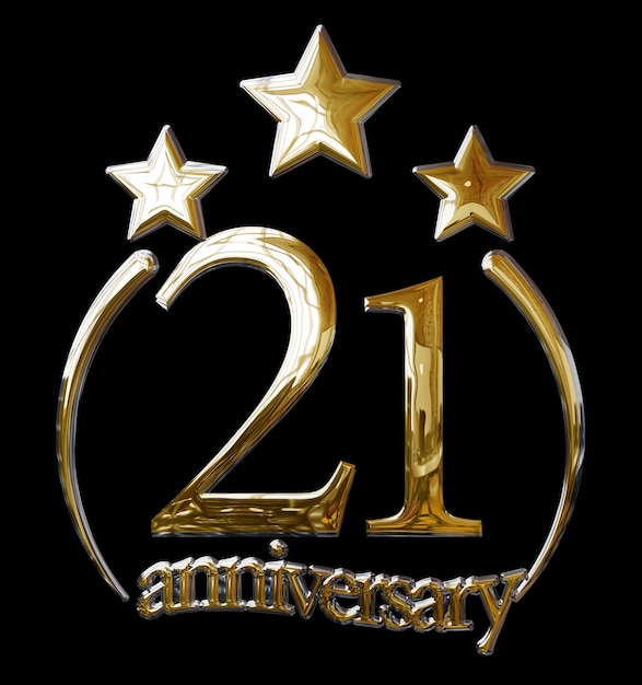 Photo 3d illustration 21 years anniversary gold