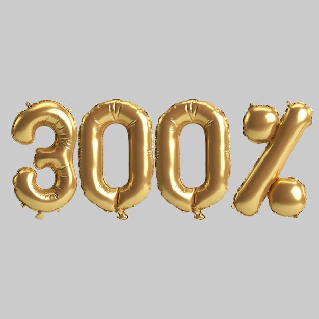 3d illustration of 300 percent gold balloons isolated on white background