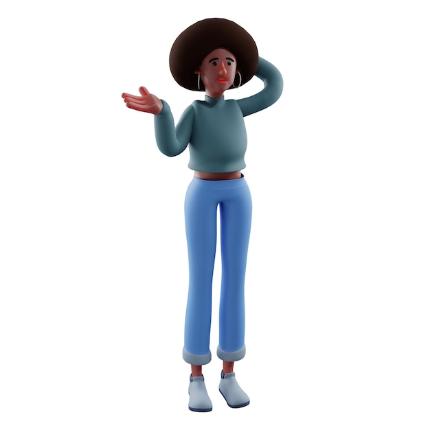 3D illustration 3D Afro Girl Cartoon Image with cute curly hair in a strange pose has exotic skin