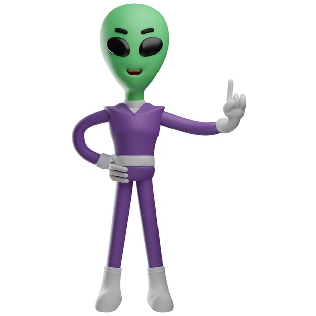 3D illustration 3D Alien Cartoon Character with finger pointing up with hands on hips Shows a lau