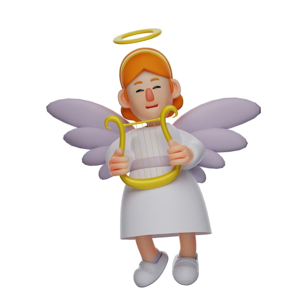 Photo 3d illustration 3d angel character has a harp wearing a gold bandana with a pretty smile 3d ca