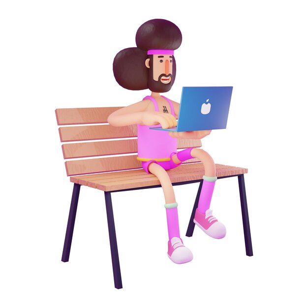 Photo 3d illustration 3d athlete character illustration using laptop sitting on a long chair showing