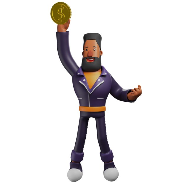 3Dイラスト 3D ひげの男 キャラクター カートゥーン イラスト 持ち上げる金貨 可愛い