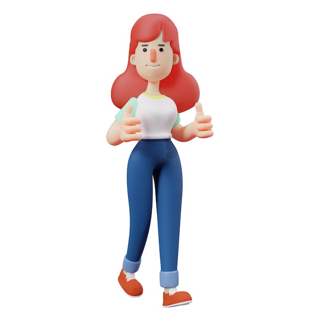 3D-иллюстрация 3D-изображение красивой девушки делится своими счастливыми чувствами, показывая два больших пальца вперед