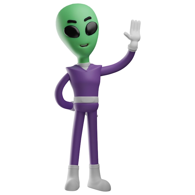 3D illustration 3D Cartoon Alien with charismatic expression with the pose of waving arms and hand