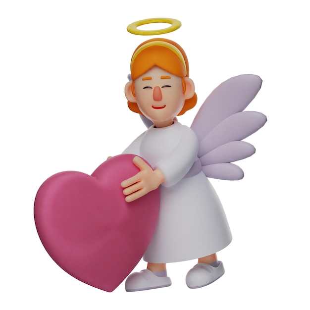 Foto illustrazione 3d angel di cartoni animati che mostra un'espressione felice con un cuore viola in mano