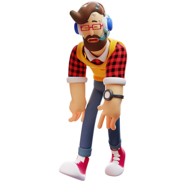 3d illustration 3d cartoon character man feeling tiredman bending over showing closed eyes