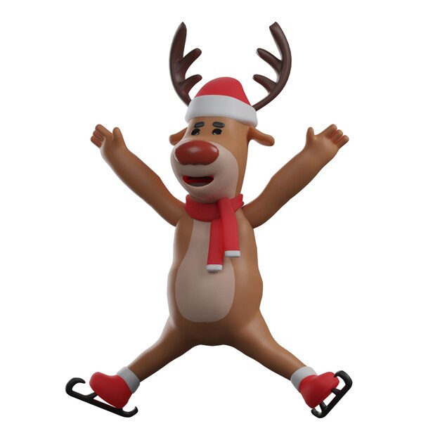 3D illustration 3D Cartoon Christmas Reindeer Design wearing ice skates with a jumping pose wearing