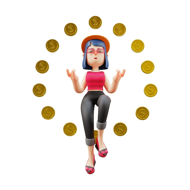 3D illustration 3D cartoon cute woman standing on gold coin background with a jump pose