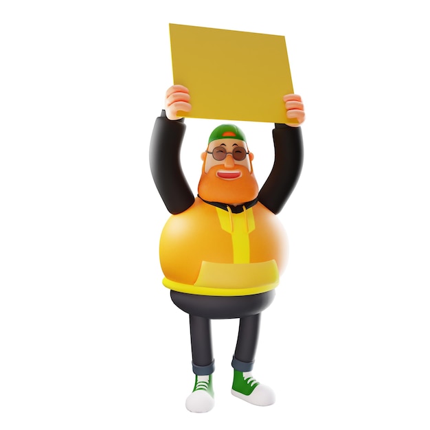 3D illustration 3D cartoon fat man having paper lift the yellow paper up showing laughing face