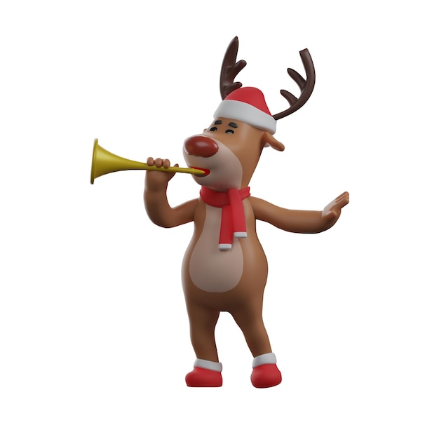 3D illustration 3D Cartoon Illustration of 3D Christmas Reindeer playing trumpet in a strange pose