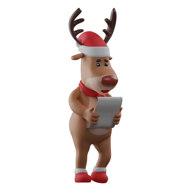 Photo 3d illustration 3d cartoon illustration of christmas reindeer holding paper put on a serious face