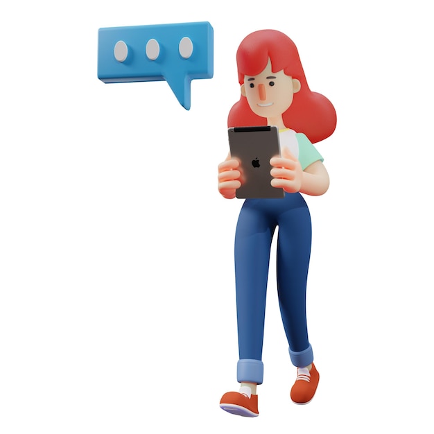 3D illustration 3D Cartoon illustration of Cute Girl character reading a text message from a tab