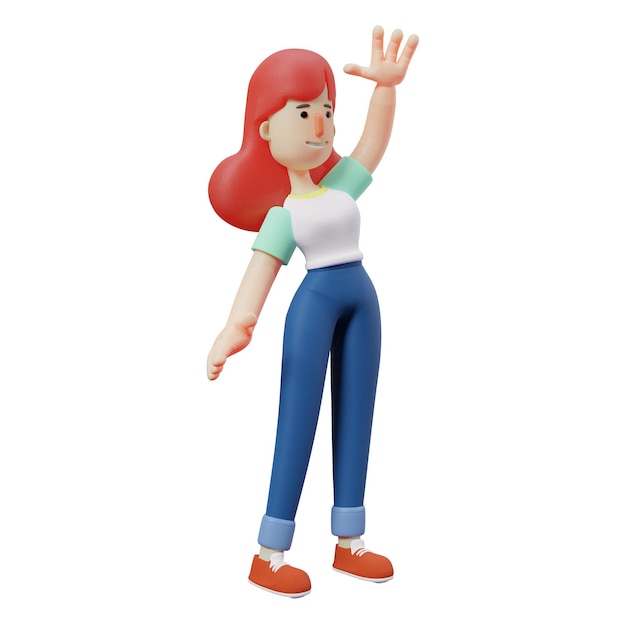 3Dイラスト 手を振っているかわいい女の子キャラクターの3D漫画イラストは、美しい笑顔を持っています