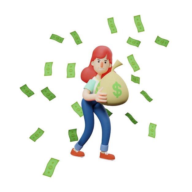 3D illustration 3D Cartoon Illustration of a Cute Rich Girl with a big sack of money lots of money
