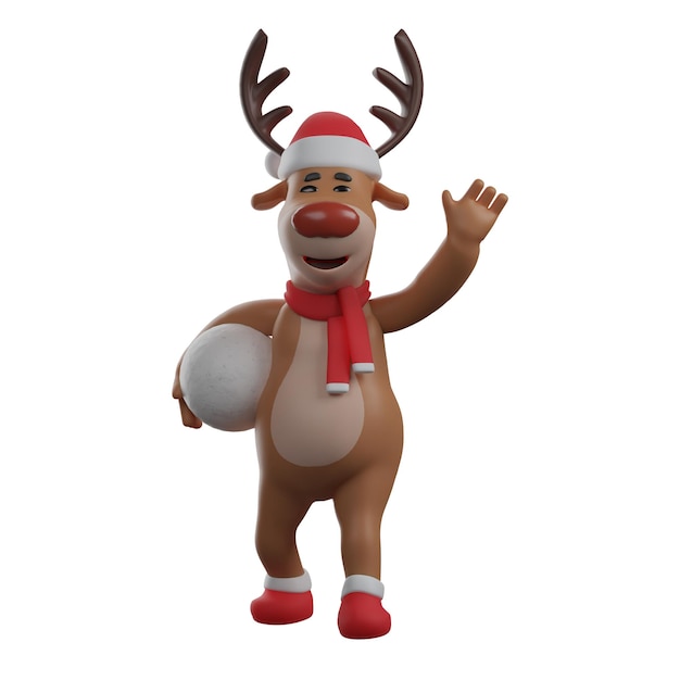 3D illustration 3D Cartoon Illustration of a Happy Face Christmas Reindeer holding a snowball