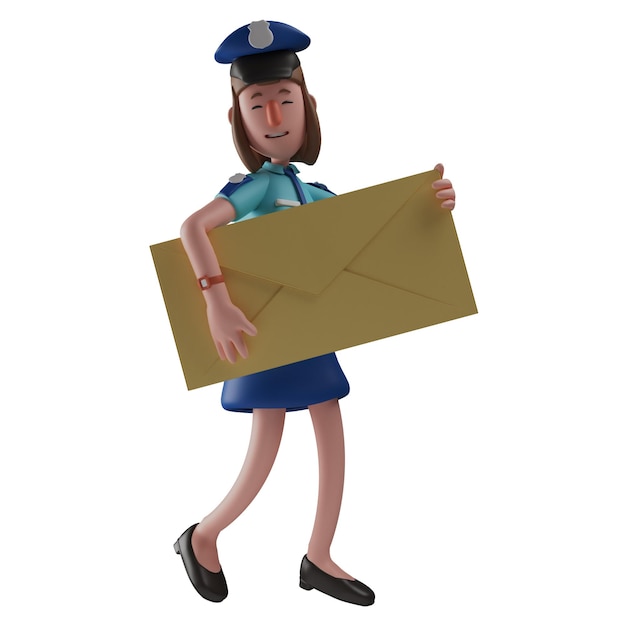 Фото 3d-иллюстрация 3d-карикатура иллюстрация полицейской женщины с конвертом, бегущей в спешке