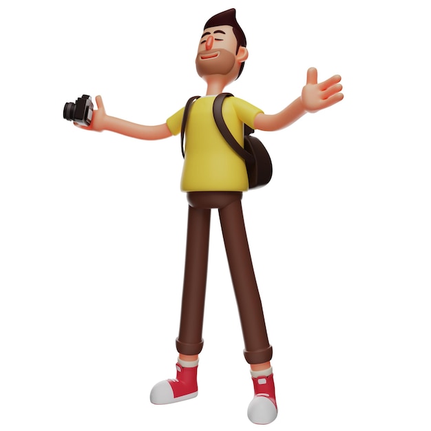 Photo 3d illustration 3d cartoon photographer showing happy expression holding the camera in hand