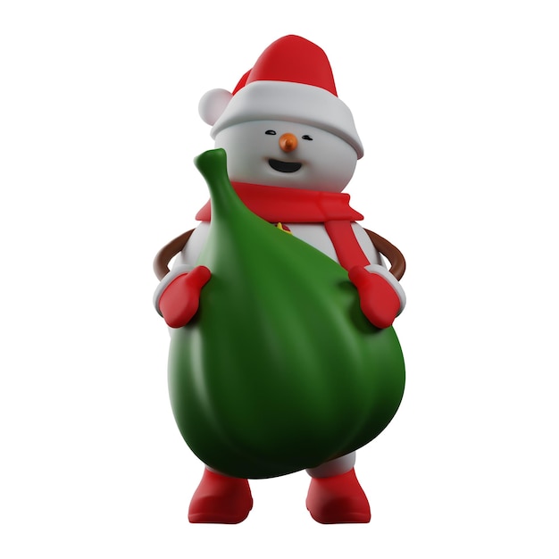 3D illustration 3D Character Happy Snowman with gift sack have a happy laugh wearing a scarf