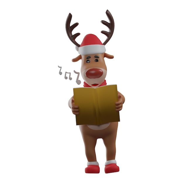 Photo 3d illustration 3d christmas reindeer cartoon character singing christmas carol bring book and read