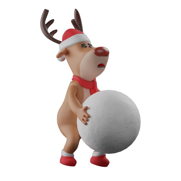 3D illustration 3D Christmas Reindeer Cartoon Character trying to lift snowball showing expression