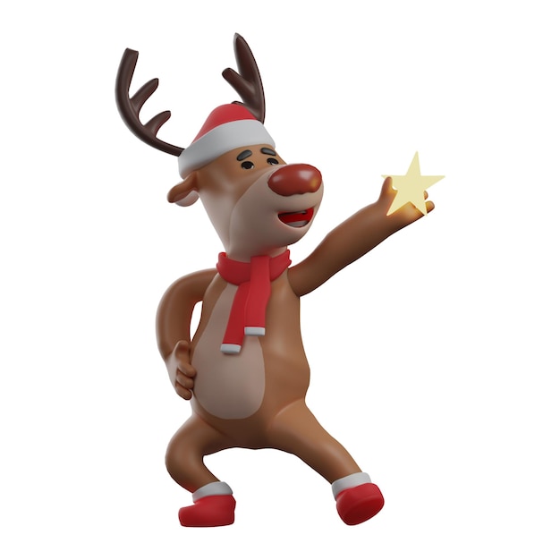 Photo 3d illustration 3d christmas reindeer cartoon image has stars showing a strange pose hands are