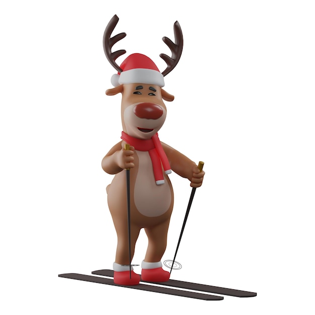 3D illustration 3D Christmas Reindeer on ski Cartoon Character showing a funny face have Christmas