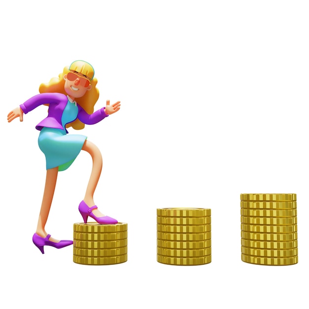 3D-иллюстрация 3D Cool Business Woman Cartoon Illustration Взволнованно взбирается на золотую монету