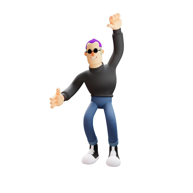3D illustration 3D Cool Man Cartoon Character with funny pose raise one hand up with a happy smil
