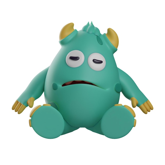 3D иллюстрация 3D милый монстр мультфильм чувствует сонливость сидит на полу с закрытыми глазами