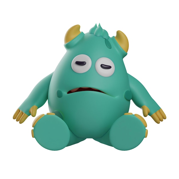 3D illustration 3D Cute Monster Cartoon is feeling sleepy sitting on the floor with eyes closed