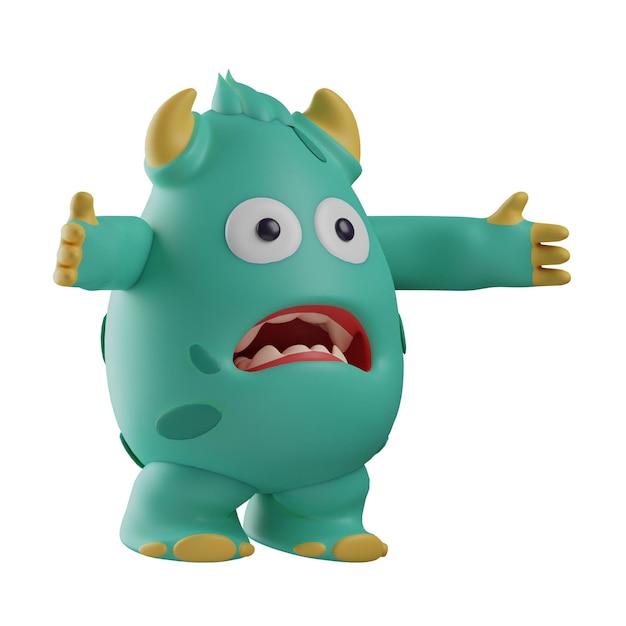 3D illustration 3D Cute Monster character cartoon looking confused both arms stretched wide