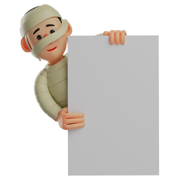 3D illustration 3D Cute Mummy 3D Cartoon Illustration hiding behind a big white paper with confuse