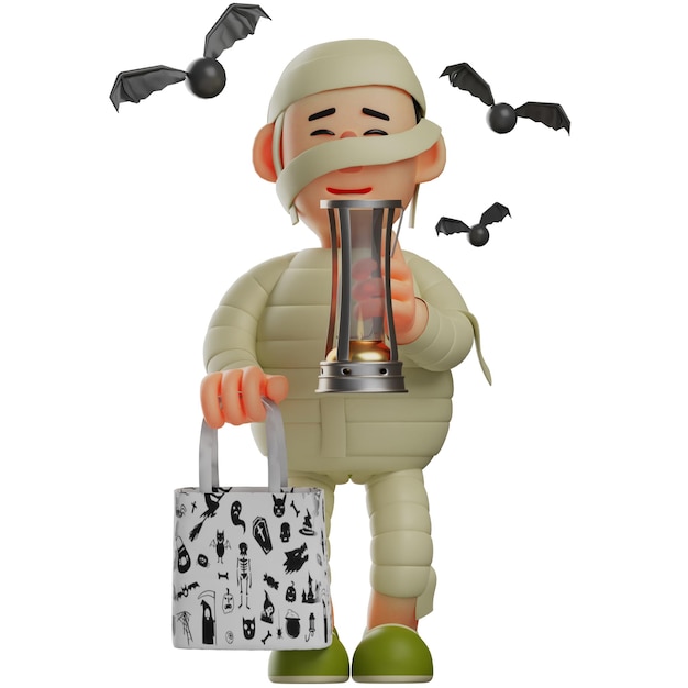 Photo 3d illustration 3d cute mummy cartoon holding a lantern with a happy expression lots of flying